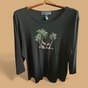 Karen Scott Black Top with Christmas Holiday Glam Palm Tree Design Cotton Tee